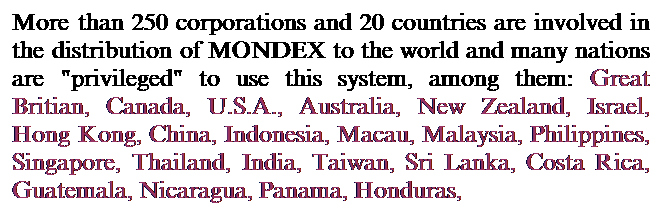 Text Box: More than 250 corporations and 20 countries are involved in the distribution of MONDEX to the world and many nations are "privileged" to use this system, among them: Great Britian, Canada, U.S.A., Australia, New Zealand, Israel, Hong Kong, China, Indonesia, Macau, Malaysia, Philippines, Singapore, Thailand, India, Taiwan, Sri Lanka, Costa Rica, Guatemala, Nicaragua, Panama, Honduras,
El Salvador & Brazil.
